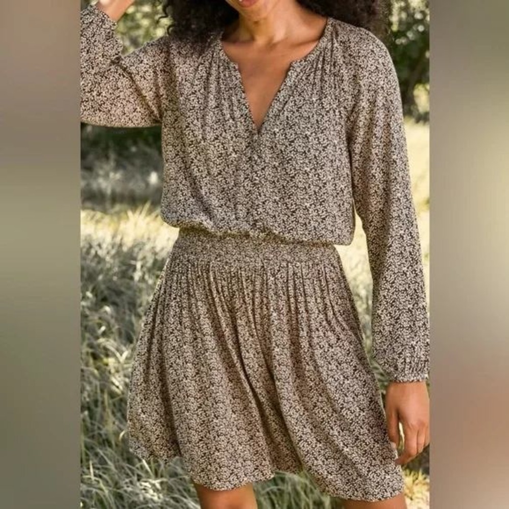 Faherty Montara Smocked Waist Dress Leaf Batik Earthy Boho Brown Size Small‎